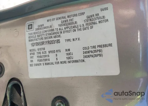 2000 Cadillac Escalade Standard z USA, uszkodzony, nr VIN 1GYEK63R1YR203185